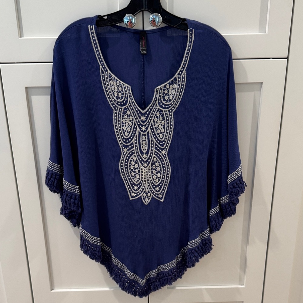 Cobalt blue Top with White Fringe & Embroidery